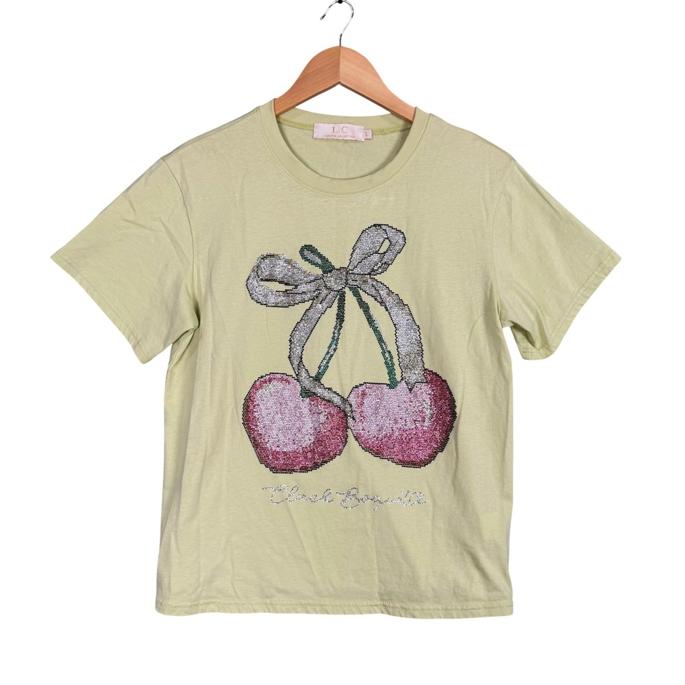 Lizette Collection Cherry Graphic Tee Women Large Green Rhinestone LC-A6030